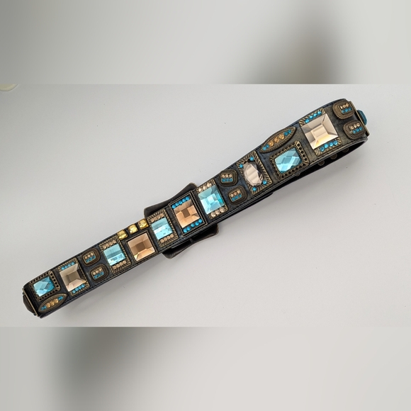 Black Leather Belt w/Colorful Glam Embellishments & Accents Blue/Green & Gold - Picture 6 of 12